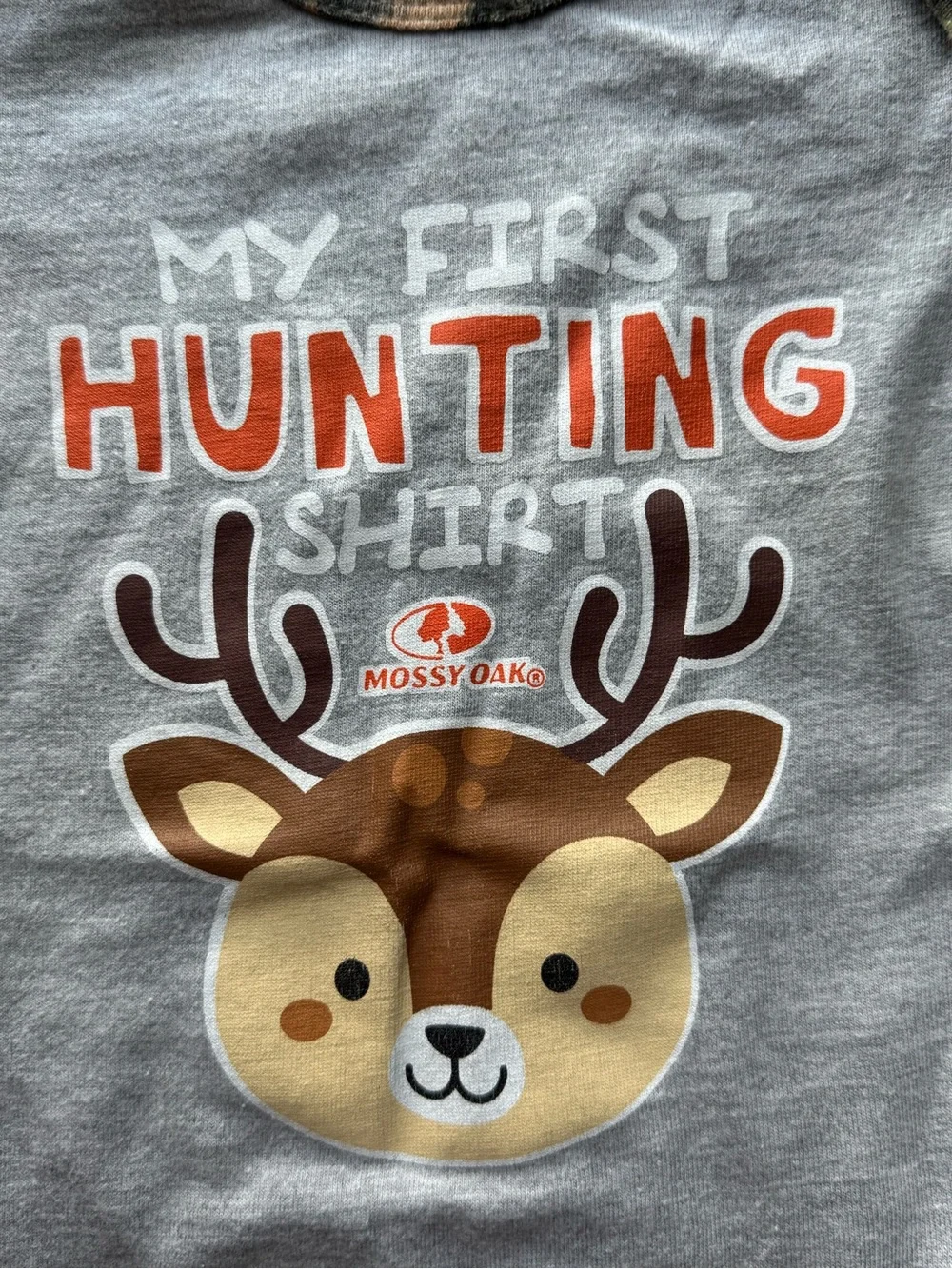 Mossy Oak “My First Hunting Shirt” Deer Baby Bodysuit Camo Trim 0-3 Months
